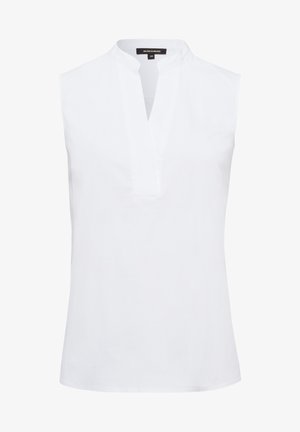 White sleeveless top with a stand collar and a partial placket. Made of smooth fabric, features a clean, minimalist design.