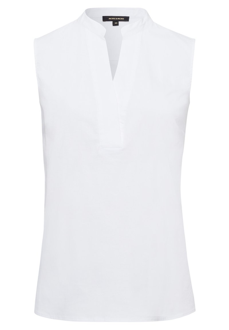 Hvid ærmeløs top med stående krave og halv knapstolpe. Fremstillet af glat stof, har et rent, minimalistisk design.