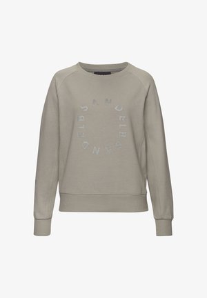 Sweat-shirt beige à col rond avec manches longues et texte circulaire en paillettes argentées indiquant "SANDELSB" sur le devant.