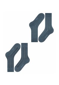 Ciemnoniebieskie skarpetki bawełniane z prążkowanym wzorem, z wzmocnioną piętą i palcami. Wyświetlono dwa razy, obie pary z widoczną nazwą marki.
