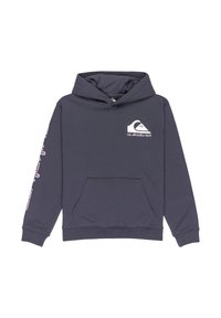 Hooded sweatshirt in dark gray fabric, featuring a front pocket, pink logo on the chest, and sleeve graphics. Casual and comfortable design.