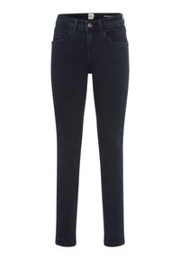 Mørkeblå denim skinny jeans med mellemhøj talje, klassisk fem-lomme design og metalknaplukning. Glat tekstur og tætsiddende form.