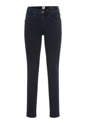Jeans skinny en denim bleu foncé avec une taille mi-haute, un design classique à cinq poches et une fermeture à bouton en métal. Texture lisse et coupe ajustée.