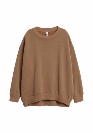 Bruine oversized crewneck-trui met lange mouwen en geribbelde manchetten en zoom, getoond op een witte achtergrond.