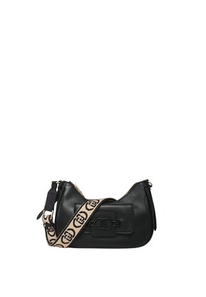 Borsa a spalla in pelle nera con chiusura anteriore, dotata di una tracolla in tessuto a motivi beige e nera. Chiusura a zip nella parte superiore, forma strutturata.