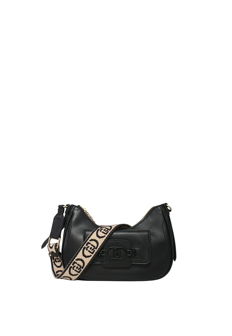 Borsa a spalla in pelle nera con chiusura anteriore, dotata di una tracolla in tessuto a motivi beige e nera. Chiusura a zip nella parte superiore, forma strutturata.
