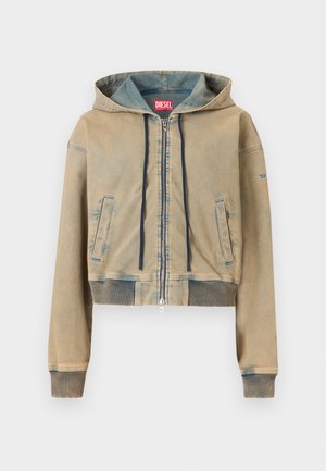 Cropped denim jacket in light brown with a zip front, hood, navy drawstrings, two side pockets, and ribbed cuffs and hem.