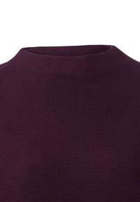 Burgunderfarbener Strickpullover mit hohem, geripptem Kragen. Die strukturierte Oberfläche und das nahtlose Design tragen zu einem sauberen, modernen Look bei.