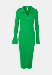 Abito midi verde a coste con maniche lunghe, chiusura frontale a bottoni e polsini a campana. Presenta un colletto classico e una texture liscia.