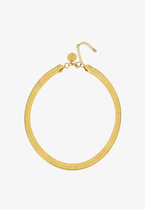 Gouden metalen ketting met een vloeiende, flexibele schakel met een zigzagpatroon, afgewerkt met een sluiting en een verstelbare kettingverlenging.