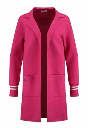 Roze cardigan van textuurstof, met een reverskraag, open voorkant, twee zakken aan de voorkant en gestreepte accenten op de mouwen.