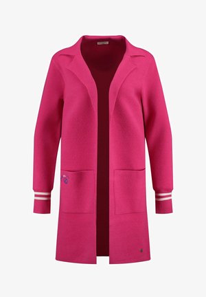 Pink cardigan made of textured fabric, featuring a lapel collar, open front, two front pockets, and striped accents on the sleeves.