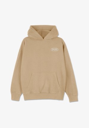 Sweatshirt bege com um bolso frontal, capuz com cordão e punhos e bainha canelados. Apresenta um pequeno logotipo branco no lado esquerdo.