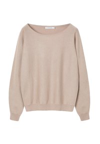 Bež rebrast pulover z ohlapno silhueto. Ima širok okrogel izrez in dolge rokave z rebrastimi manšetami in robom. Mehka tekstura.