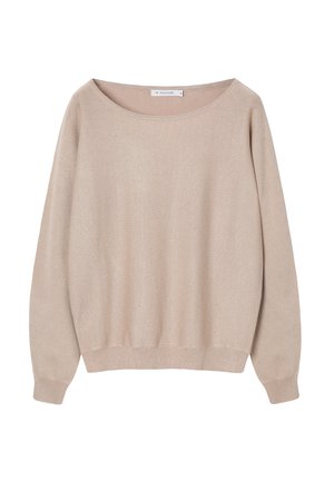 Beżowy sweter z dzianiny o luźnym fasonie. Posiada szeroki, okrągły dekolt oraz długie rękawy z prążkowanymi mankietami i dolnym wykończeniem. Miękka faktura.