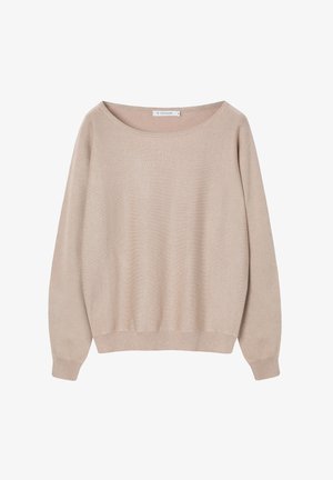 Beżowy sweter z dzianiny o luźnym fasonie. Posiada szeroki, okrągły dekolt oraz długie rękawy z prążkowanymi mankietami i dolnym wykończeniem. Miękka faktura.