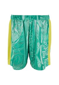 Grønne sports shorts med et struktureret paisley-mønster, der har gule mesh-sidelapper og en elastisk talje for en sikker pasform.