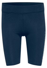Marineblauwe sportshorts gemaakt van rekbaar stof, met een platte tailleband en een wit bedrukt logo op de zijkant. Gladde textuur, aansluitende pasvorm.