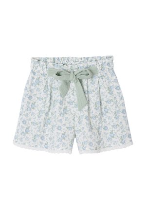 Leichte Stoffshorts mit blauem Blumenmuster, elastischem Bund, gewelltem Saum und vorn gebundenem Salbeigrünem Stoffgürtel.
