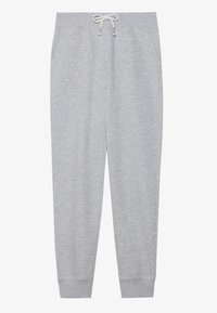 Pantalons de survêtement gris en mélange de coton doux, avec une taille élastique munie d'un cordon de serrage, deux poches latérales et des jambes fuselées.