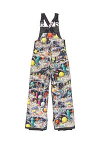 Bunte, gemusterte Latzhosen mit verstellbaren Trägern, die ein Weltraumthema mit verschiedenen phantasievollen Charakteren und himmlischen Objekten zeigen.