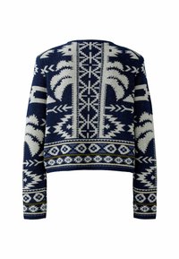 Marineblauer gestrickter Pullover mit weißen geometrischen Mustern, kurzem Design und langen Ärmeln. Strukturierter Stoff mit auffälligen Motiven entlang des Saums.