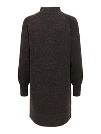 Robe-pull tricotée gris foncé à manches longues, col montant et poignets côtelés, vue de dos sur fond blanc.