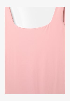 Lyserød ærmeløs top med en bred firkantet halsudskæring vist på en neutral hvid baggrund.