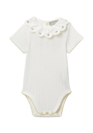 Body blanc à manches courtes pour bébé avec un col festonné brodé de petits citrons jaunes et des boutons-pression en bas.