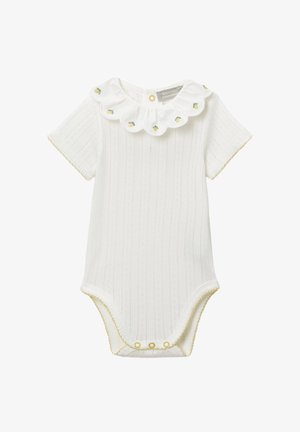 Body blanc à manches courtes pour bébé avec un col festonné brodé de petits citrons jaunes et des boutons-pression en bas.