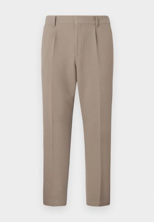 Trousers in light brown fabric with a smooth texture, featuring a tailored design, front pleats, and a slim cut, ending at the ankles.