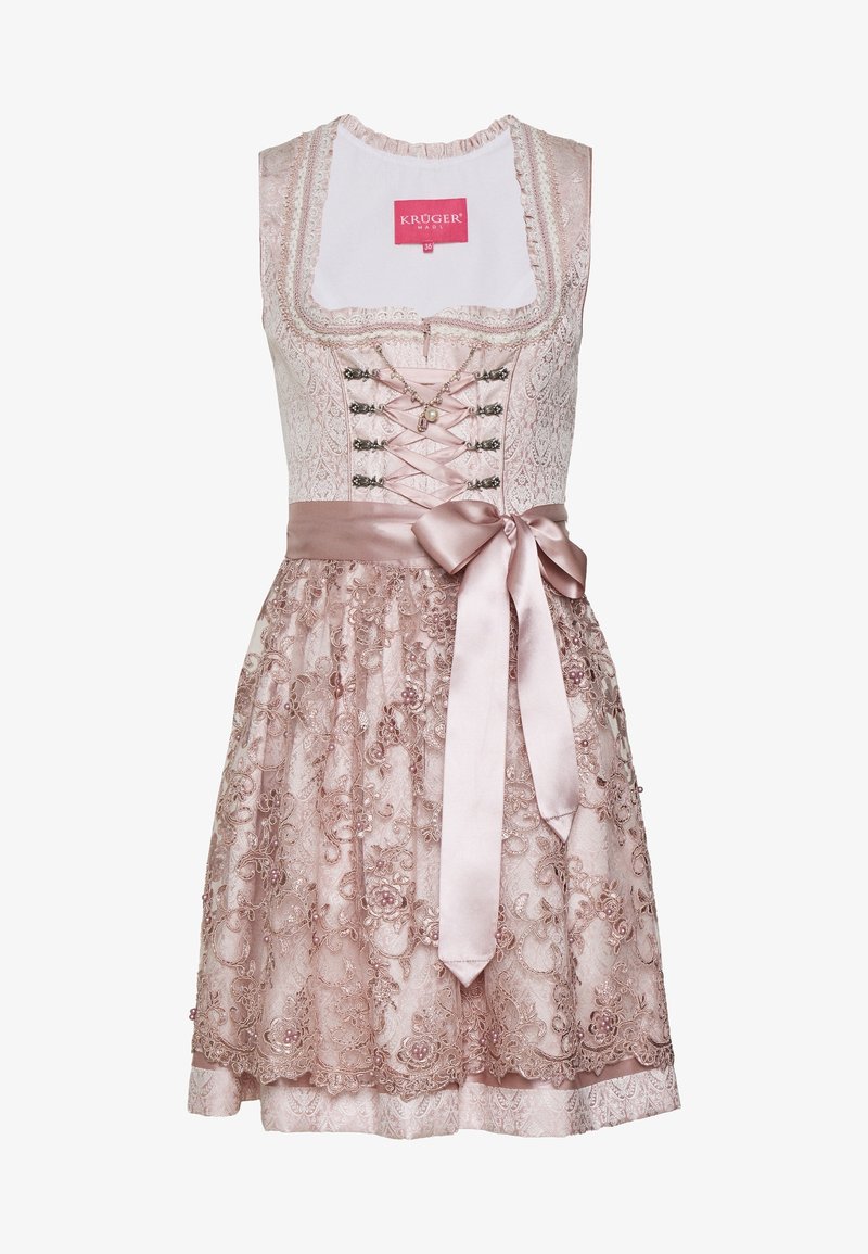 Robe sans manches en dentelle rose pâle avec broderie florale, corset en ruban de satin à l'avant, et ceinture assortie nouée en nœud à la taille.