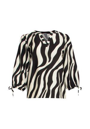 Black and white zebra print blouse with a V-neck, three-quarter sleeves, and tie details at the cuffs, made from lightweight fabric.