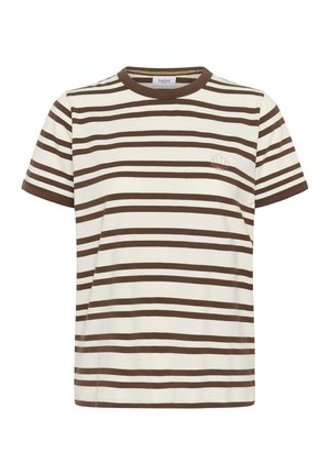 T-shirt blanc à manches courtes avec des rayures horizontales marron régulièrement espacées et un petit logo coquillage sur le côté gauche de la poitrine.