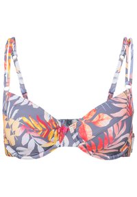 Multikleuren bikini-top met een tropisch bladmotief in tinten van oranje, roze en grijs; verstelbare bandjes en een haaksluiting op de rug.