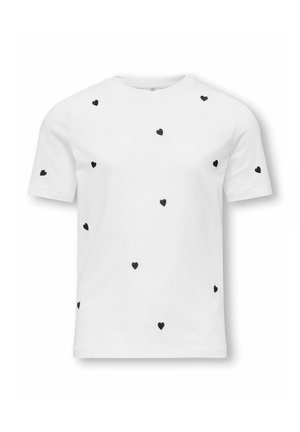 White short-sleeve t-shirt with scattered small black heart patterns on the front and sleeves, plain background.