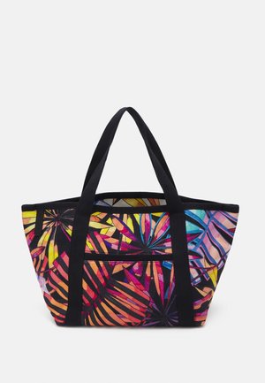 Grote tas met zwarte handvatten en kleurrijk tropisch bladpatroon in tinten oranje, roze, geel, blauw en paars op een donkere achtergrond.