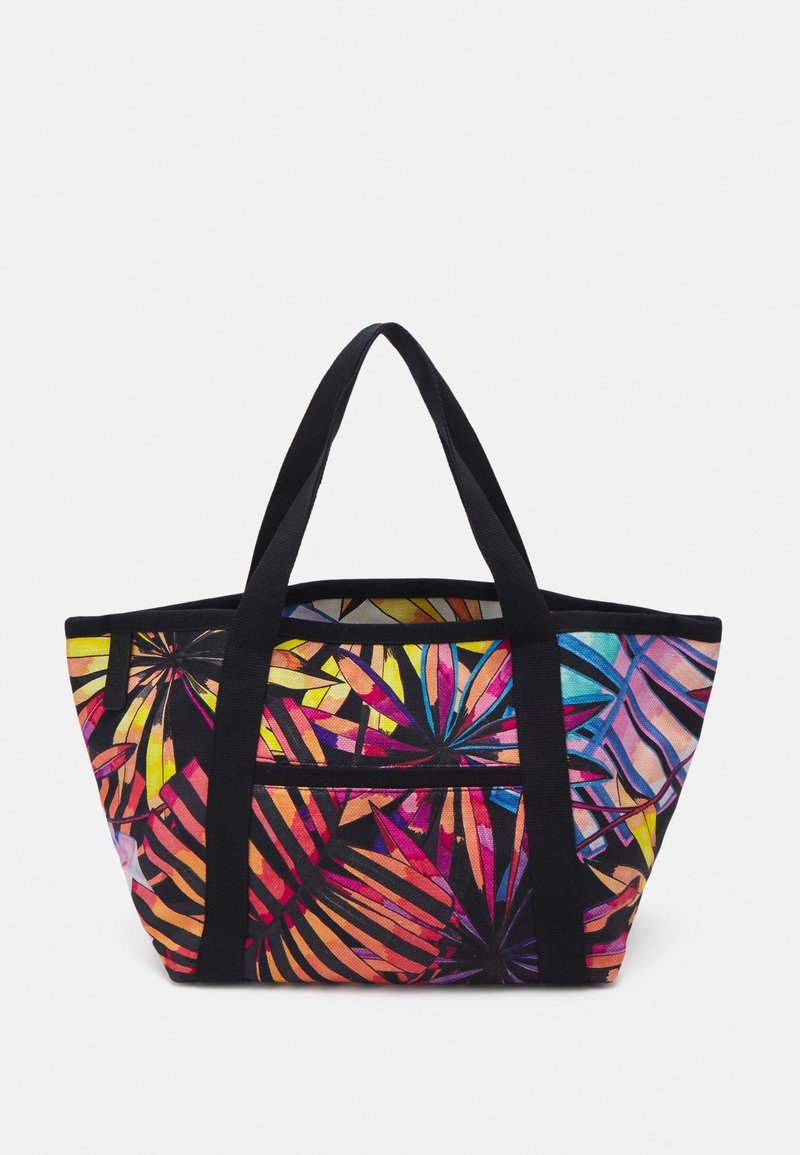 Grand sac fourre-tout avec poignées noires et motif coloré de feuilles tropicales dans des tons d’orange, rose, jaune, bleu et violet sur fond sombre.