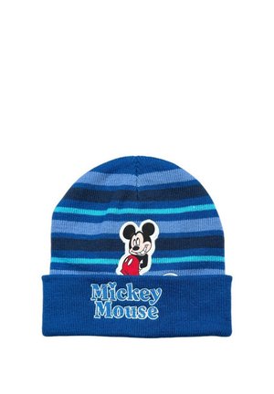 Berretto di lana blu a maglia con strisce orizzontali in diverse tonalità di blu. Presenta Topolino ricamato sul davanti, con il nome in bianco sotto.