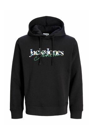 Sweat à capuche noir avec cordons, logo "Jack & Jones Denim" imprimé en couleurs sur la poitrine. Aucune personne visible.