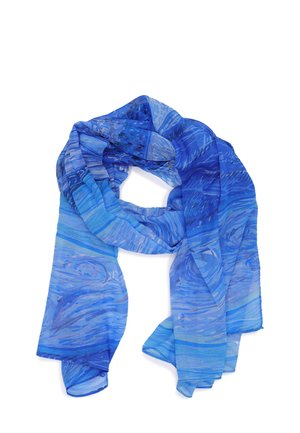 Sciarpa blu con un design fluido caratterizzato da diverse sfumature di blu e delicati motivi. Realizzata in tessuto leggero e trasparente.