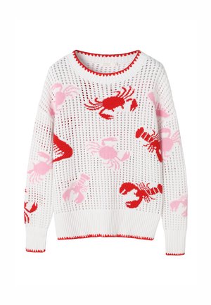 Maglione bianco a maglia con trama aperta, caratterizzato da motivi di granchi e aragoste rossi e rosa, con orlo scallop rosso su collo, polsini e bordo inferiore.