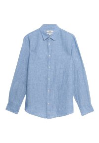 Camicia button-up azzurra chiara, a maniche lunghe, realizzata in un tessuto testurizzato, con colletto a punta e chiusura frontale con bottoni.