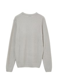 Hellgrauer Strickpullover mit einem strukturierten Muster, rundem Ausschnitt und langen Ärmeln. Keine sichtbaren Verschlüsse oder zusätzlichen Akzente.