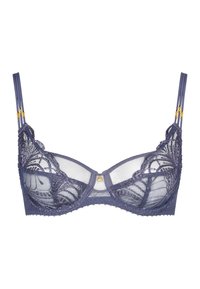 Soutien-gorge en dentelle marine avec des bonnets en maille transparente, motif floral et accents en métal doré sur les bretelles. Soutien-gorge avec armatures et bords festonnés.