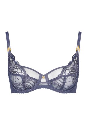 Soutien-gorge en dentelle marine avec des bonnets en maille transparente, motif floral et accents en métal doré sur les bretelles. Soutien-gorge avec armatures et bords festonnés.