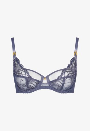 Soutien-gorge en dentelle marine avec des bonnets en maille transparente, motif floral et accents en métal doré sur les bretelles. Soutien-gorge avec armatures et bords festonnés.