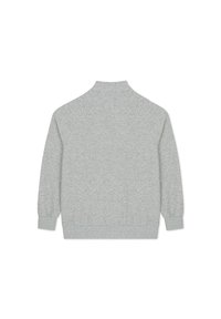 Długa, jasnoszara bluza z długim rękawem, wysokim kołnierzem, prążkowymi mankietami i ściągaczem w talii, pokazana od tyłu na białym tle.