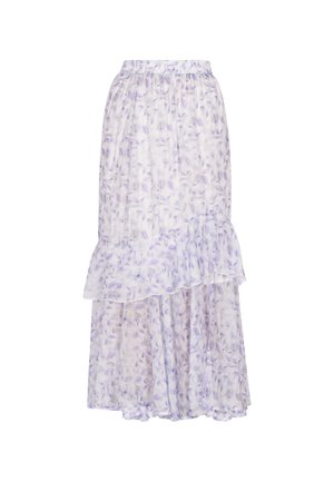 Maxi-Rock mit Blumenmuster aus leichtem, halbtransparentem Stoff und einer schichtigen Rüsche am Saum. Die Farben umfassen Weiß, Lavendel und Helllila. Mit elastischem Bund.