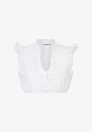 Weiße, kurz geschnittene Bluse mit hohem Kragen, kurzen, gerüschten Ärmeln und Spitzenbesatz entlang des Ausschnitts und der Ärmel, mit Knopfschluss vorne.